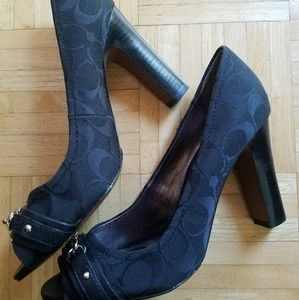 Coach black monogram canvas peep toe heel
